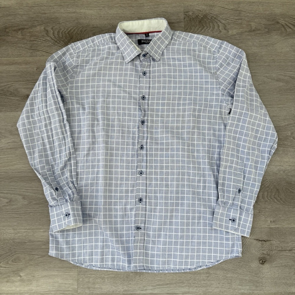 Balmain Paris Mens Size XL Plaid Check Long Sleeve Button Shirt Textured Cotton